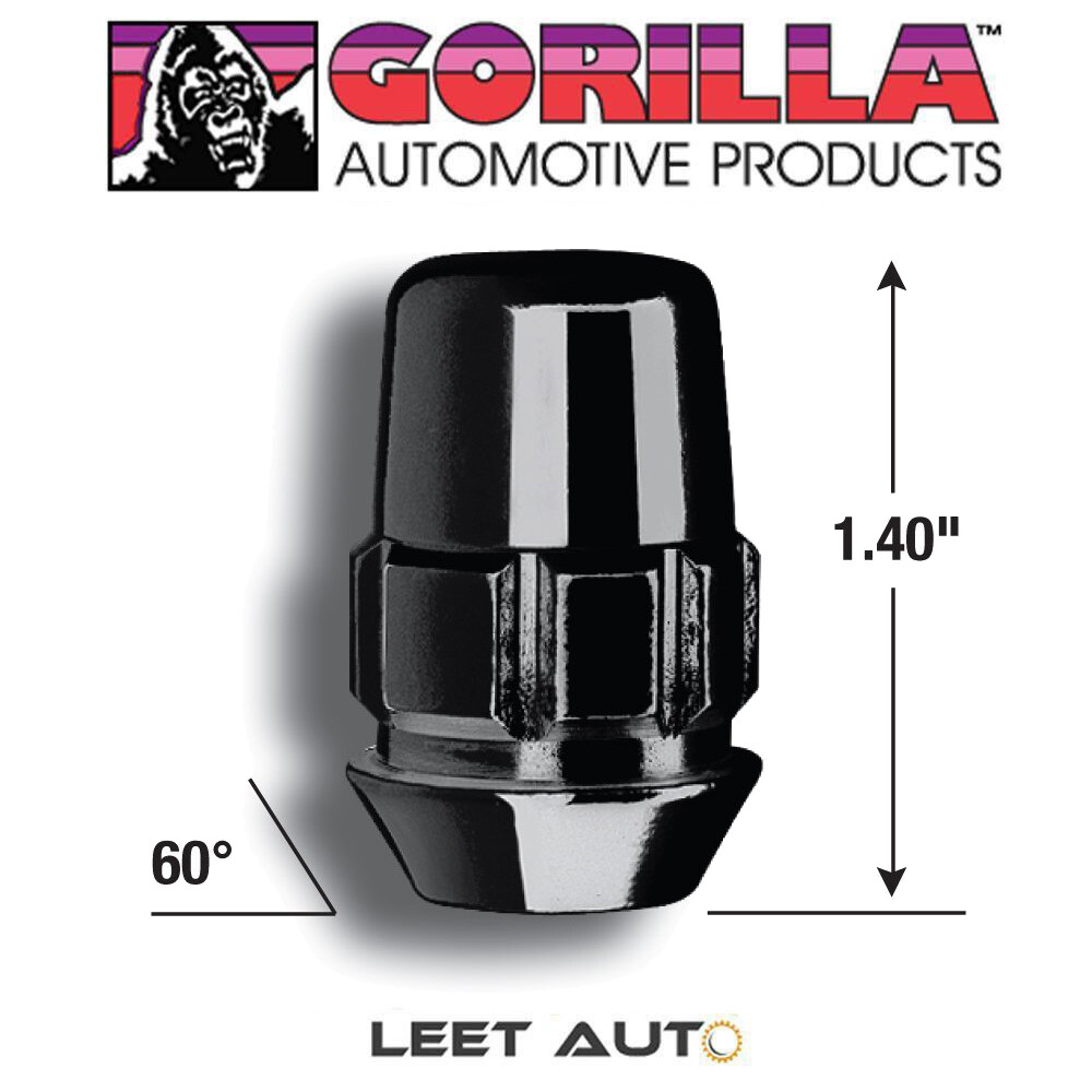 Gorilla Wheel Locks, Black, 14mm x 1.50 Thread, Bulge Acorn Seat