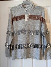 New Nine West Grey Jumper US L BNWT Grey Bronze Silver Sequins Knitted Top Hood