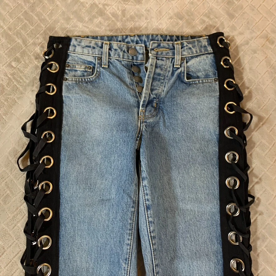 Pantalones de mezclilla Carmar para mujer 25 azules rectos con cordones laterales botón mosca 100 % algodón Foto 2 de 4