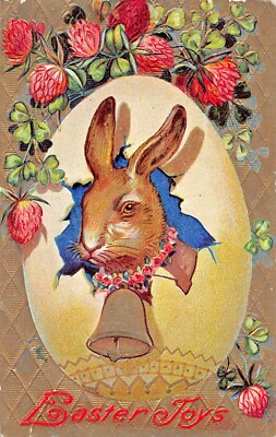 Easter Greetings-Large Rabbit-Bell Um Hals~1910s Geprägt Vergoldung Postkarte