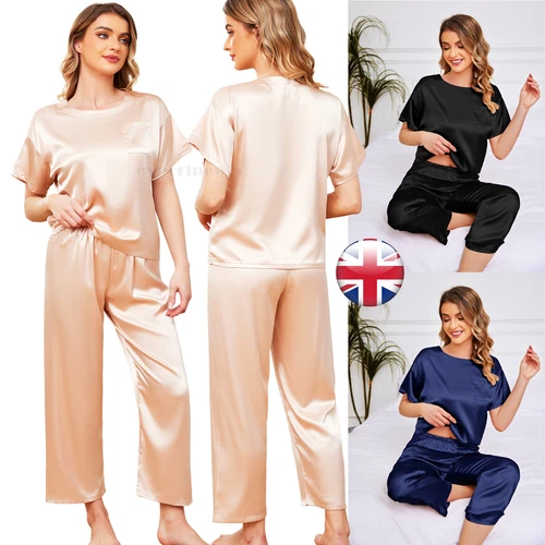 Women Lady Plain Silky Satin Pyjamas Silk PJ'S Sleepwear Short Sleeve Nightwear - Bild 1 von 17