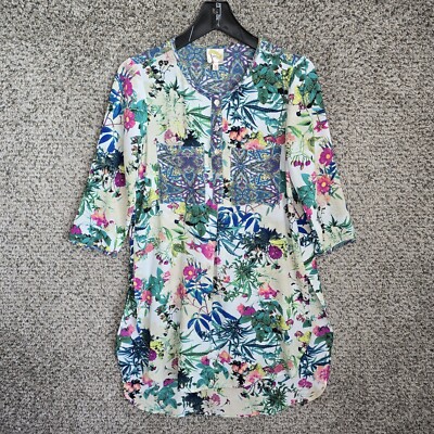 Fig & Flower Top Womens Small Oversized Tunic Side Slit Floral Print Semi Sheer