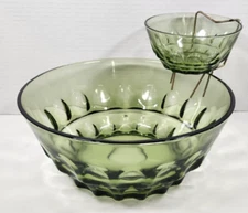 VTG Hazel Atlas Reflection Avocado Green Thumbprint Chip and Dip set