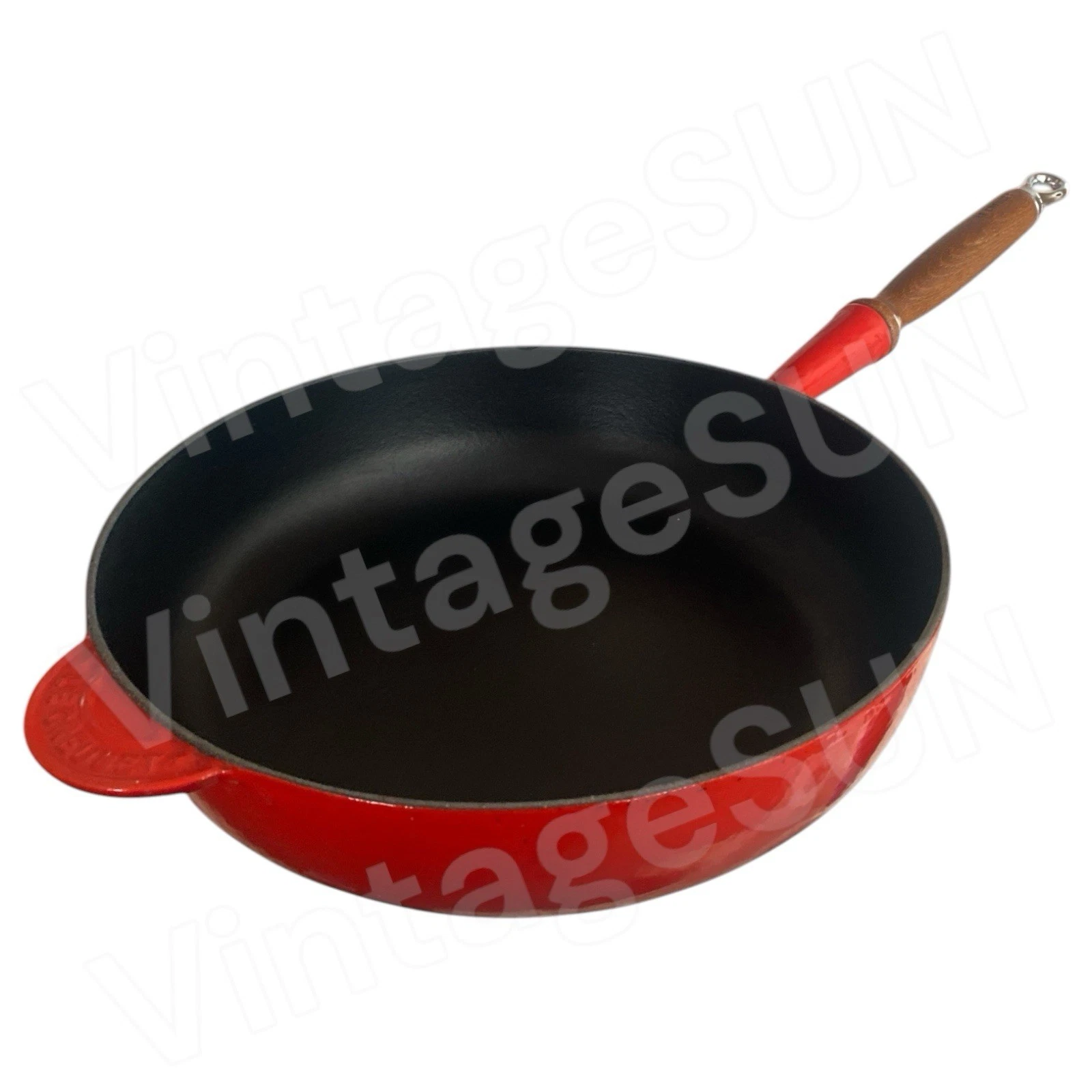 Le Creuset #28 Red 11" Cast Iron Fry Pan Skillet Wood Handle