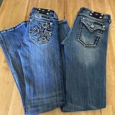 Lot Of 2 Miss Me Girls Sz 14  Denim Bootcut Jeans Embroidered Rhinestone Studs