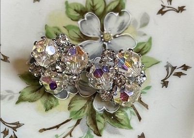 1950 s Vintage Coro Faceted Crystal Aurora Borealis Cluster Clip On Earrings