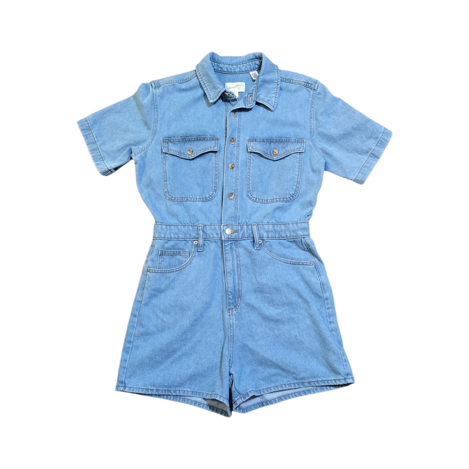 Universal Thread Denim Short Sleeve Romper Button Front Utility Jumpsuit Size 8