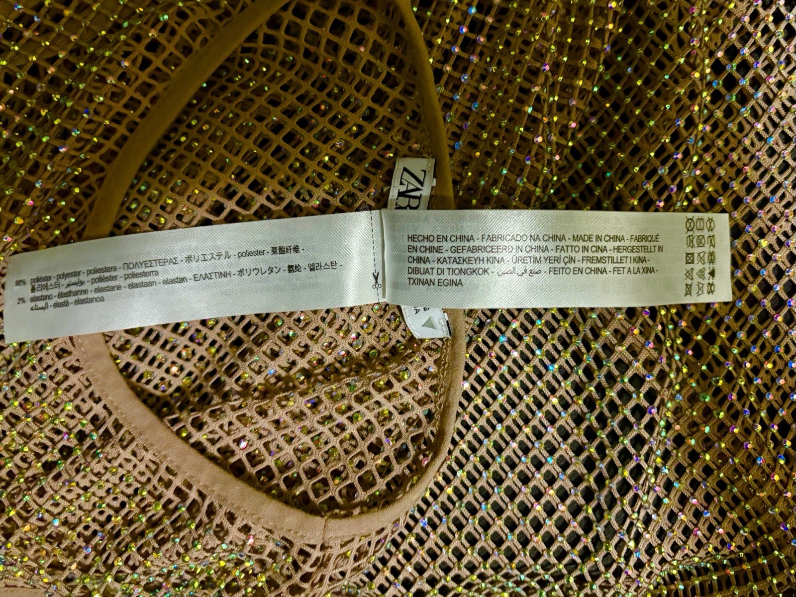 ZARA SPARKLY SLEEVELESS BEIGE W/TINY COLORED RHINESTONE MAXI MESH DRESS S NEW thumbnail 20