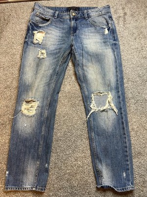 Zara Basic Jeans Womens 4 Distressed Ripped Heritage Denim Straight Leg 1975