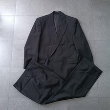 SILVERWOODS 90s Double Breasted Suit Set Black Wool Peak Lapel Size A5 Adjuster