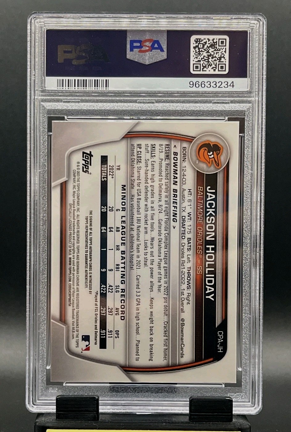 Jackson Holliday Orange Shimmer Auto /25 PSA 10 2023 Bowman Chrome🔥 view 8