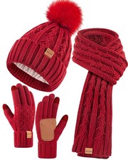 Womens Beanie Hat Scarf Gloves Set, Soft Fleece Lined Winter Hat with Pom Pom...