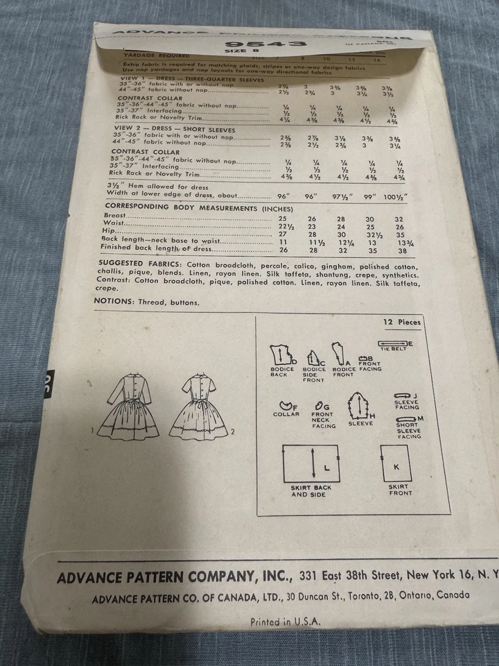 ADVANCE VTG 1960’s #9543 VINTAGE GIRLS PRINCESS SEAM DRESS PATTERN SZ 8 UNCUT;FF - Image 4 of 4