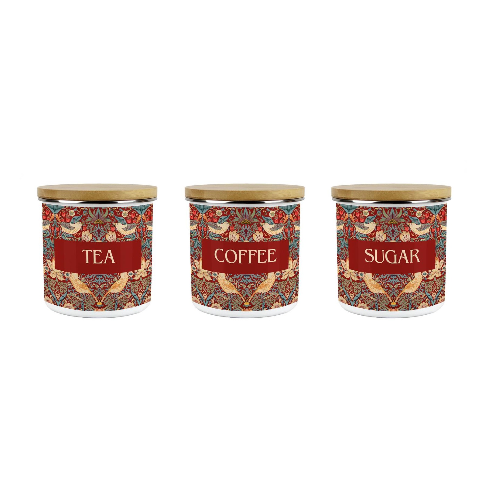 Red Strawberry Thief Tea, Coffee & Sugar 600ml Canisters Set - Homeware Gifts