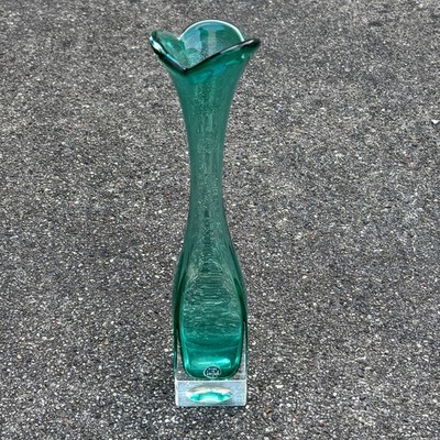 ASEDA Sweden Art Glass Teal Green Square Base Vintage Mid Century 12'' Vase