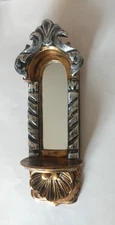 Vintage 1970s JARU Chalkware Mirror Gilded Wall Sconce Hanging Candle MCM decor