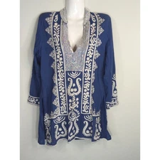 Finch Blue & White Heavily Embroidered Sequin Blouse Womens M Cotton Peasant Top
