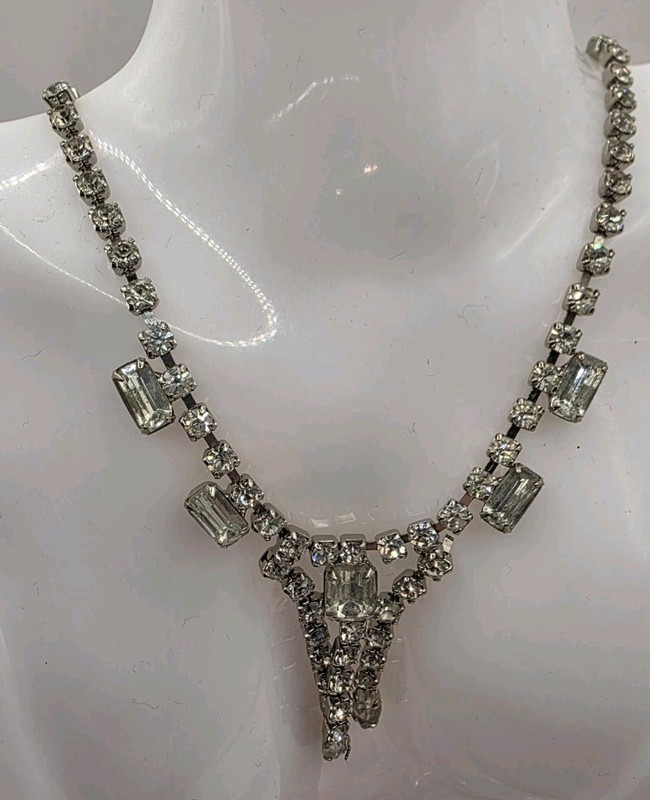 Vintage Rhinestone Baguette Necklace, Shiny Dangle Necklace
