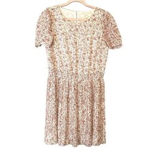 LOFT White Pink Floral Pleated Chiffon Short Sleeve A-Line Dress Size 8