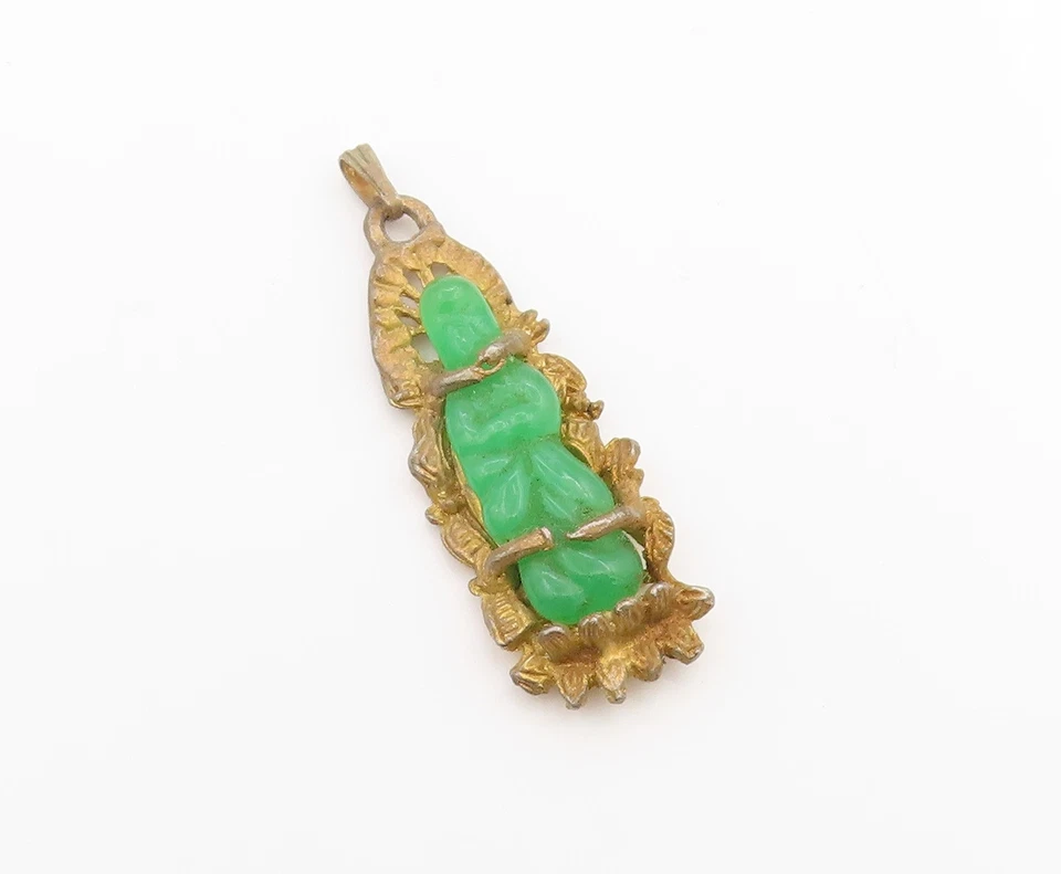 925 Sterling Silver Vintage Pendant Gold Plated Jade God On Lotus Carved PT24606 - Image 2 of 4