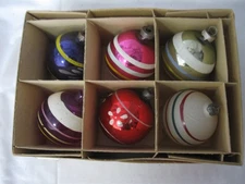 Lot Of 6 Vintage Glass Christmas Bulb/Ornaments Stripes & Flowers w/ Box