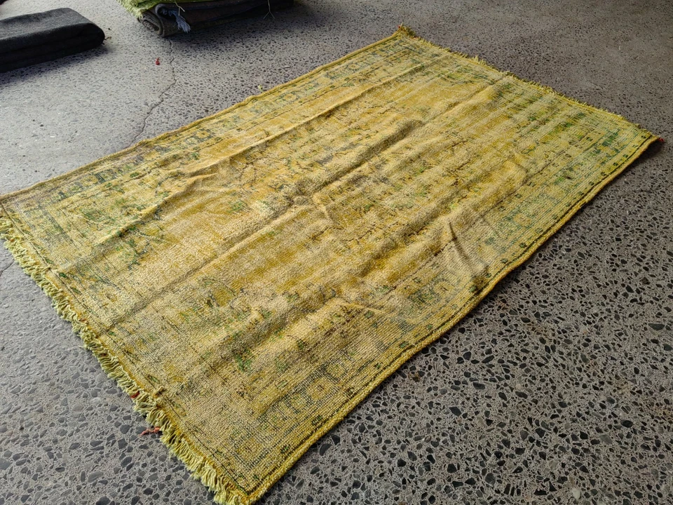 Overdyed Turkish Rug 5.1x7.9 ft – Handwoven Vintage Yellow Wool Carpet - Image 2 of 4
