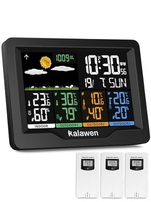 Kalawen Funkwetterstation Farbdisplay mit 3 Außensensoren Thermometer Hygrometer