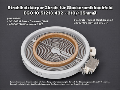 Strahlheizkörper 2200W Bosch Siemens 00356337 EGO 10.51213.432 Kochfeld 2-Kreis
