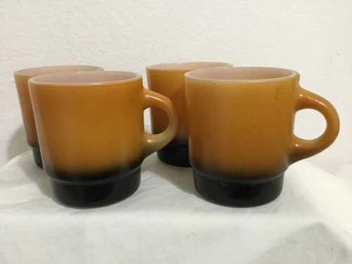 Lot of 4 Vintage Fire-King Anchor HockingOrange Black Stackable Coffee Cup Mugs