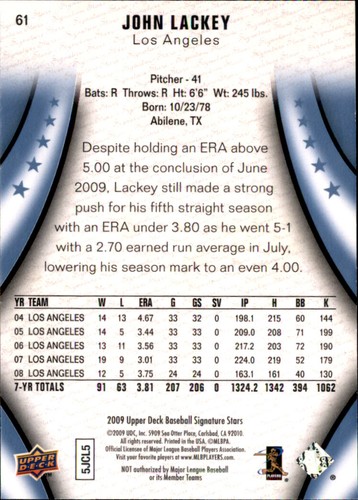 2009 Upper Deck Signature Stars John Lackey #d /170 Blue Parallel UD Angels #61 - Picture 2 of 2