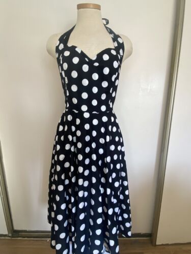 Hell Bunny Marian Black and White Polka Dot Halter Flare Party Dress - Picture 1 of 5