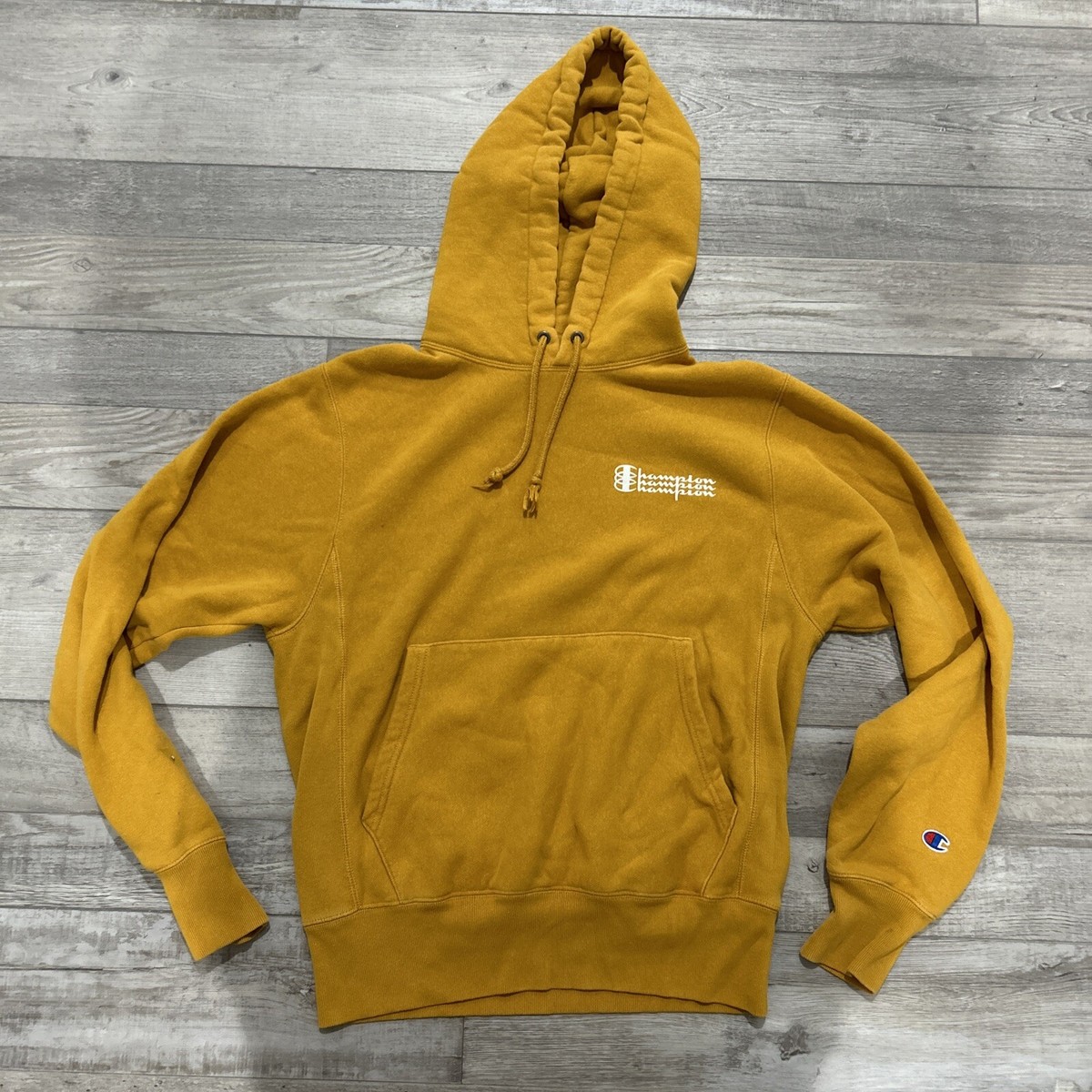 VTG Champion Reverse Weave Mustard Hoodie Unisex Sz S Spellout