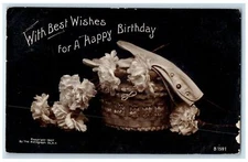 1908 Birthday Flowers Basket Still Life Spring Valley IL RPPC Photo Postcard