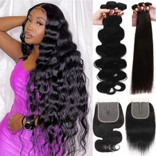 100% Real Virgin Human Hair Weft Bundle Full Head Sew-In Weaves 4*4 Lace Closure