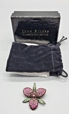 VINTAGE JOAN RIVERS SIGNED DARK METAL PINK/GREEN RHINESTONE FLOWER LILY BROOCH 