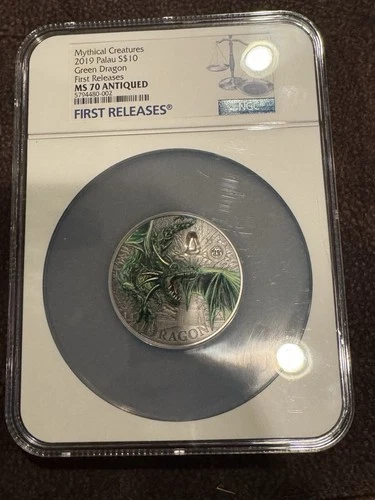 NGC MS70 ANTIQUED Mythical Creatures 2019 Palau S$10 Green Dragon First Releases
