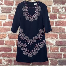 Eliza J Dress Womens 8 Dark Blue Multicolor Boho Abstract Embroidered Zip Up