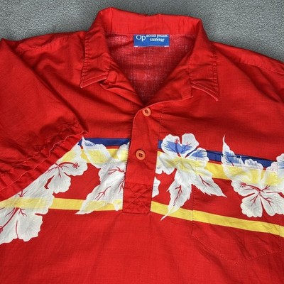 OCEANPACIFIC ８０年代ビンテージ 鶴アロハシャツ Vintage Ocean Pacific Shirt Mens L Red Hibiscus Floral Hawaiian