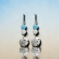 Handcrafted Sand Dollar Dangle Earrings Silver Blue Glass Beads Beach Theme