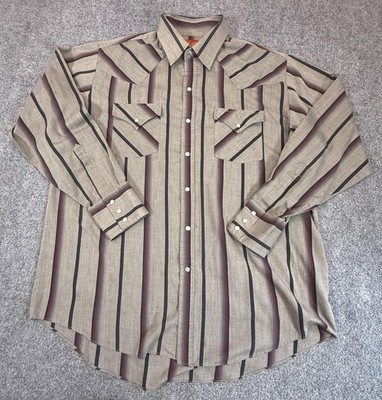 Ely Plains Shirt Mens Large Beige Stripe Western Pearl Snap Long Sleeve Cowboy