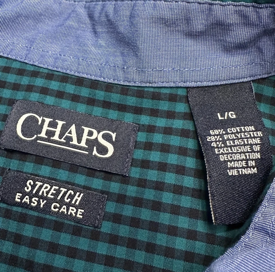 CHAPS Stretch Easy Care Teal Gingham Plaid Shirt Mens L Button Up Long Sleeve - Image 2 of 4