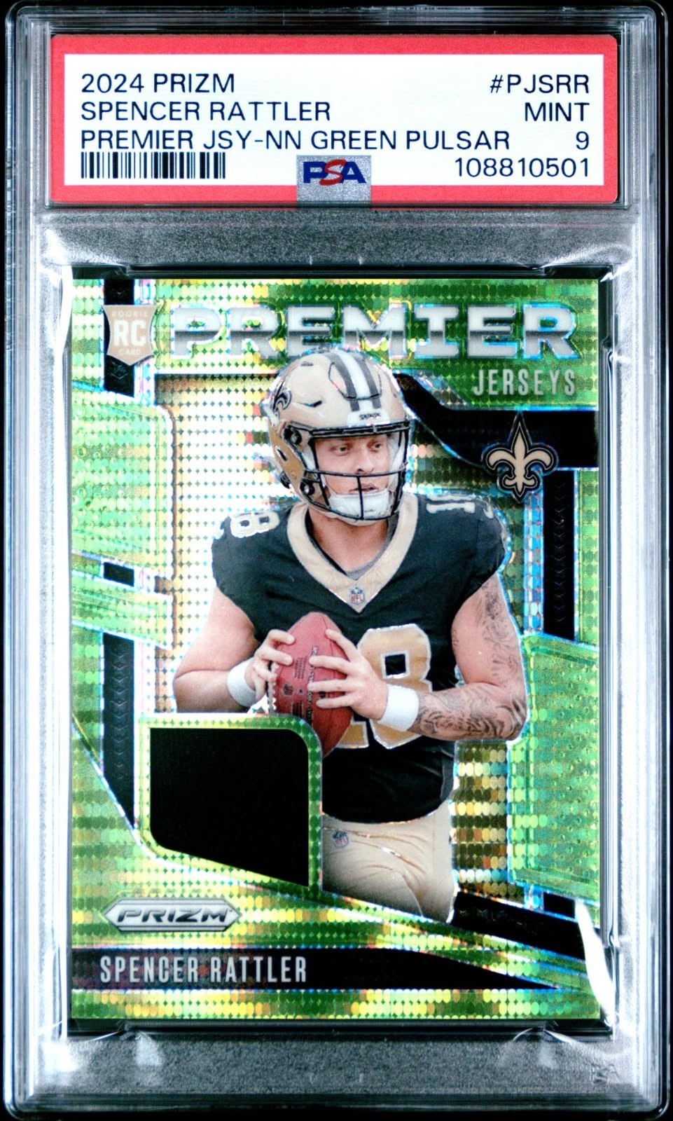 Spencer Rattler - 2024 Prizm Premier Jersey Neon Green Pulsar RC PSA 9