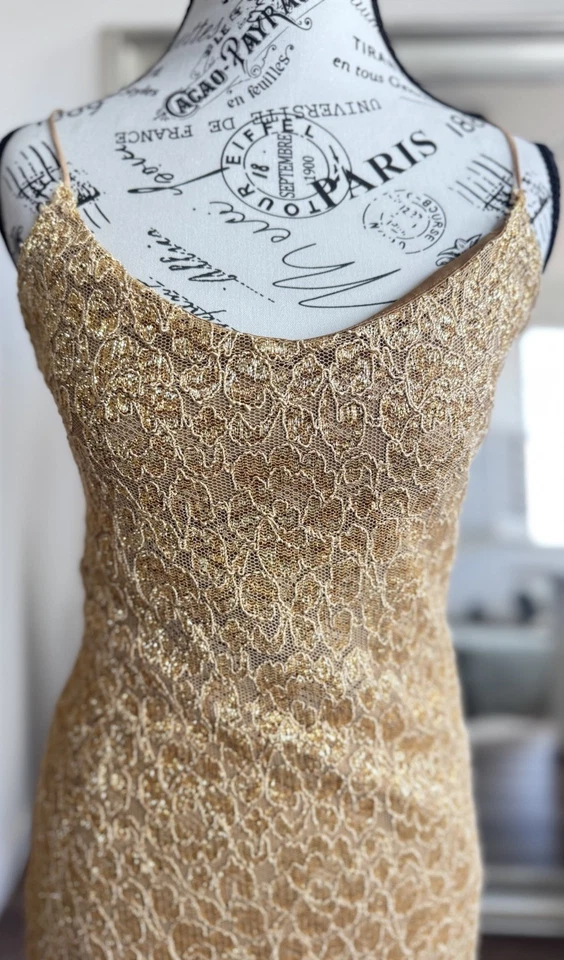 Vintage 90's Y2k Betsey Johnson New York Gold Metallic Lace Bodycon Slip Dress - Image 2 of 4