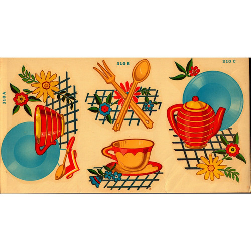 Vintage Duro Decals Kitchenware Teapot Cups Flowers Wall Decor