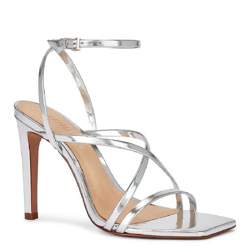 Schutz Revolve Heeled Sandal Bari Strappy Stiletto Square Toe Metallic Silver - Picture 1 of 9