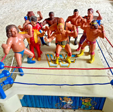 80s Vintage LJN Titan WWF WWE Wrestling Sling Em Fling Em Ring & 11 Figures Lot