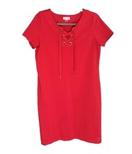 Calvin Klein Red Lace-Up Scoop Neck Sheath Knee Length Dress Short Sleeve L