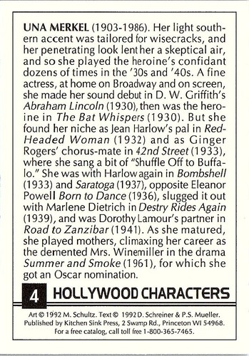 Tarjeta coleccionable de personajes de Hollywood de Una Merkel 1992 prensa de fregadero de cocina - Imagen 2 de 2