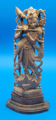 Lord Krishna Vishnu Hindu God Kadam Wood Statuettes Hand Carved 9.5'' Vintage