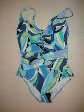 Profile By Gottex Blue  Multicolor Retro Love 1 Pc V Neck Swimsuit Sz 12 NWT